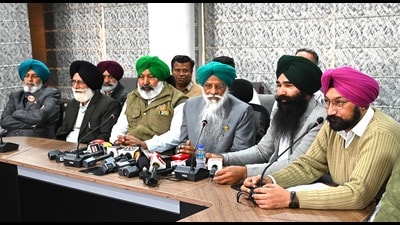 Members of Farm unions during press conference at Kisan Bhawan in Chandigarh on Friday. (Keshav Singh/HT)