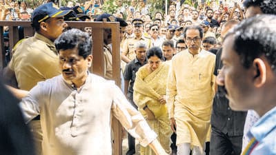 Mumbai, India - Feb. 9, 2024: Shiv Sena (Uddhav Balasaheb Thackeray) Chief Uddhav Thackeray along with his wife Rashmi Thackeray and son Aaditya Thackeray arrive to pay last respects to party leader Abhishek Ghosalkar, who died after being allegedly shot by unidentified people during a Facebook live, in Mumbai, India, on Friday, February 9, 2024. (Photo by Satish Bate/ Hindustan Times) (Hindustan Times) Mumbai, India - Feb. 9, 2024: Shiv Sena (Uddhav Balasaheb Thackeray) Chief Uddhav Thackeray along with his wife Rashmi Thackeray and son Aaditya Thackeray arrive to pay last respects to party leader Abhishek Ghosalkar, who died after being allegedly shot by unidentified people during a Facebook live, in Mumbai, India, on Friday, February 9, 2024. (Photo by Satish Bate/ Hindustan Times) (Hindustan Times)