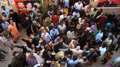 Pakistan Elections 2024: Pakistan Peoples Party (PPP) supporters gather to celebrate the victory of a provincial assembly candidate in Karachi. (AFP) Pakistan Elections 2024: Pakistan Peoples Party (PPP) supporters gather to celebrate the victory of a provincial assembly candidate in Karachi. (AFP)
