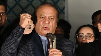 Pakistan Elections 2024: Pakistan's former Prime Minister Nawaz Sharif and leader of the Pakistan Muslim League Nawaz (PMLN) party speaks to supporters in Lahore. (AFP) Pakistan Elections 2024: Pakistan's former Prime Minister Nawaz Sharif and leader of the Pakistan Muslim League Nawaz (PMLN) party speaks to supporters in Lahore. (AFP)