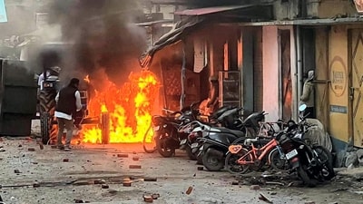 Vehicles set on fire by miscreants over the demolition of an "illegally built" madrasa at Banbhoolpura area in Haldwani, Uttarakhand on Thursday. (PTI) Vehicles set on fire by miscreants over the demolition of an "illegally built" madrasa at Banbhoolpura area in Haldwani, Uttarakhand on Thursday. (PTI)