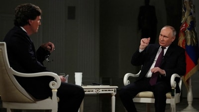 Russian President Vladimir Putin speaks during an interview with U.S. television host Tucker Carlson in Moscow, Russia February 6, 2024. Sputnik/Gavriil Grigorov/Kremlin via REUTERS ATTENTION EDITORS - THIS IMAGE WAS PROVIDED BY A THIRD PARTY. (via REUTERS)