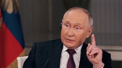 Russian President Vladimir Putin speaks during an interview with U.S. television host Tucker Carlson in Moscow, Russia, February 6, 2024, in this still image taken from video released February 8, 2024. (via REUTERS)