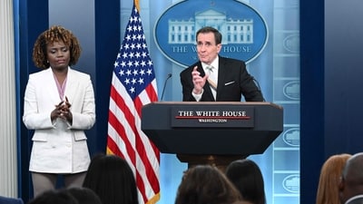 White House Press Secretary Karine Jean-Pierre (L) looks on as US National Security Council spokesman John Kirby speaks during the daily press briefing in the Brady Press Briefing Room of the White House in Washington, DC, on February 8, 2024. (Photo by MANDEL NGAN / AFP) (AFP) White House Press Secretary Karine Jean-Pierre (L) looks on as US National Security Council spokesman John Kirby speaks during the daily press briefing in the Brady Press Briefing Room of the White House in Washington, DC, on February 8, 2024. (Photo by MANDEL NGAN / AFP) (AFP)