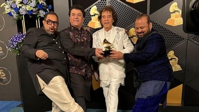 Ustad Zakir Hussain, Shankar Mahadevan, V Selvaganesh and Ganesh Rajagopalan of Shakti at the 66th Grammy Awards in Los Angeles on Sunday. (PTI) Ustad Zakir Hussain, Shankar Mahadevan, V Selvaganesh and Ganesh Rajagopalan of Shakti at the 66th Grammy Awards in Los Angeles on Sunday. (PTI)