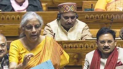 Union Finance Minister Nirmala Sitharaman speaks in the Lok Sabha during the Budget session of Parliament, in New Delhi, Friday. (PTI)