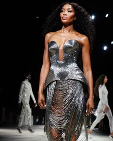 Model Naomi Campbell in a silver open-heart sculpted corset at Alexander McQueen’s spring/summer 2024 show (Photo: Instagram)