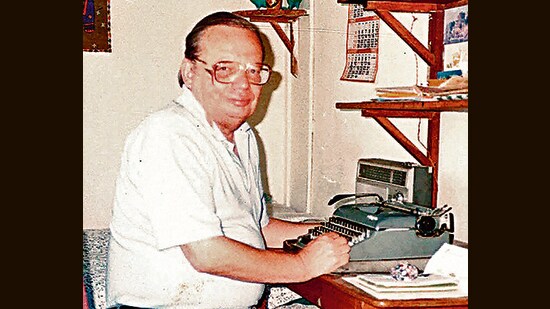 Ruskin Bond at his desk in Mussoorie. Mehra writes of a time when he visited him every month, and once made him an omelette, knowing his fondness for eggs. (Courtesy Never Out Of Print) Ruskin Bond at his desk in Mussoorie. Mehra writes of a time when he visited him every month, and once made him an omelette, knowing his fondness for eggs. (Courtesy Never Out Of Print)