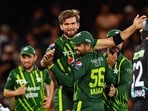 Pakistan's T20I captain Shaheen Shah Afridi (C) celebrates with former captain Babar Azam after the wicket of New Zealand's Tim Seifert during NZ T20I series Pakistan's T20I captain Shaheen Shah Afridi (C) celebrates with former captain Babar Azam after the wicket of New Zealand's Tim Seifert during NZ T20I series