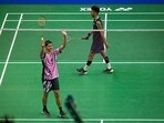 Priyanshu Rajawat of India competes during the men's singles match against Lakshya Sen from India at the YONEX-SUNRISE India Open 2024 badminton tournament  in New Delhi
