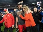 FILE - Kansas City Chiefs tight end Travis Kelce and Taylor Swift walk together after an AFC Championship NFL football game between the Chiefs and the Baltimore Ravens, Jan. 28, 2024, in Baltimore.. Taylor Swift, who is holding concerts in Japan, will make it in time for the Super Bowl to see her partner and football superstar Travis Kelce play. (AP Photo/Julio Cortez, File) FILE - Kansas City Chiefs tight end Travis Kelce and Taylor Swift walk together after an AFC Championship NFL football game between the Chiefs and the Baltimore Ravens, Jan. 28, 2024, in Baltimore.. Taylor Swift, who is holding concerts in Japan, will make it in time for the Super Bowl to see her partner and football superstar Travis Kelce play. (AP Photo/Julio Cortez, File)