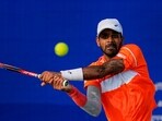 India's Sumit Nagal returns to Czech Republic's Dalibor Svrcina during the singles semi-final match at the ATP Challenger Chennai Open 2024 tennis tournament, in Chennai