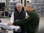 Russian Defence Minister Sergei Shoigu inspects the production of unmanned aerial vehicles (UAV)  at a military plant in the Udmurt Republic, Russia.