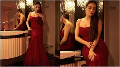 If you love Dia's outfit and are wondering how much it costs, don't worry, we've got your back. Her dress is straight from the shelves of designers Rohit Gandhi and Rahul Khanna. Incorporating her look into your wardrobe will cost you a whopping  <span class='webrupee'>₹</span>1.95 lakh. (Instagram/@diamirzaofficial)
