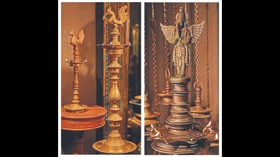 A rooster pahana from Sri Lanka, symbolic of dawn and new beginnings. A Garuda lamp from the 15th-century Vijayanagara Empire of southern India. A rooster pahana from Sri Lanka, symbolic of dawn and new beginnings. A Garuda lamp from the 15th-century Vijayanagara Empire of southern India.