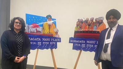 Artist Jag Nagra and Raj Singh Toor from Descendants of the Komagata Maru Society at the unveiling of new signage marking that discriminatory episode. (Raj Singh Toor) Artist Jag Nagra and Raj Singh Toor from Descendants of the Komagata Maru Society at the unveiling of new signage marking that discriminatory episode. (Raj Singh Toor)