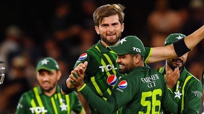 Pakistan's T20I captain Shaheen Shah Afridi (C) celebrates with former captain Babar Azam after the wicket of New Zealand's Tim Seifert during NZ T20I series (AFP) Pakistan's T20I captain Shaheen Shah Afridi (C) celebrates with former captain Babar Azam after the wicket of New Zealand's Tim Seifert during NZ T20I series (AFP)