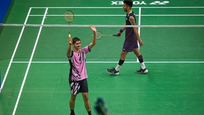 Priyanshu Rajawat of India competes during the men's singles match against Lakshya Sen from India at the YONEX-SUNRISE India Open 2024 badminton tournament in New Delhi (Hindustan Times) Priyanshu Rajawat of India competes during the men's singles match against Lakshya Sen from India at the YONEX-SUNRISE India Open 2024 badminton tournament in New Delhi (Hindustan Times)