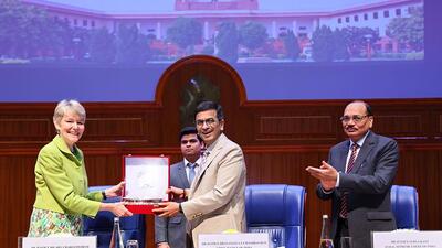 International Court of Justice, Judge Hilary Charlesworth with Chief Justice of India (CJI) Justice Dhananjaya Y Chandrachud and Supreme Court Judge Surya Kant during an event marking the Apex Court's diamond jubilee celebrations at Supreme Court in New Delhi on Saturday. (ANI) International Court of Justice, Judge Hilary Charlesworth with Chief Justice of India (CJI) Justice Dhananjaya Y Chandrachud and Supreme Court Judge Surya Kant during an event marking the Apex Court's diamond jubilee celebrations at Supreme Court in New Delhi on Saturday. (ANI)