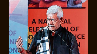 J&K lieutenant governor Manoj Sinha during the Global Business Summit in New Delhi on Saturday. (ANI) J&K lieutenant governor Manoj Sinha during the Global Business Summit in New Delhi on Saturday. (ANI)