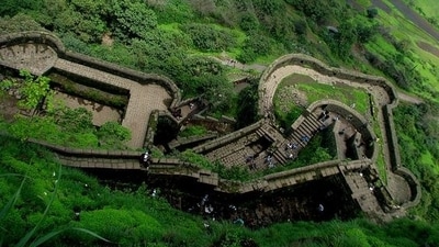 Lohagad Fort: Situated near Pune in Maharashtra, Lohagad Fort is known for its scenic beauty and historical importance. It was used by Shivaji Maharaj to store his treasury and is a popular trekking destination. (Pinterest) Lohagad Fort: Situated near Pune in Maharashtra, Lohagad Fort is known for its scenic beauty and historical importance. It was used by Shivaji Maharaj to store his treasury and is a popular trekking destination. (Pinterest)