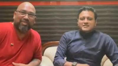 Mauris Noronha (left) with Uddhav Sena leader Abhishek Ghosalkar on a Facebook live on Thursday in which the Sena leader was shot by Noronha.