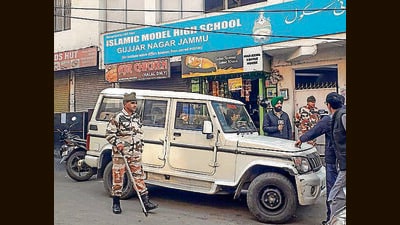 NIA raids a school in connection with a terror funding case at Gujjar Nagar area of Jammu on Saturday. (ANI) NIA raids a school in connection with a terror funding case at Gujjar Nagar area of Jammu on Saturday. (ANI)