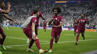 Qatar's Akram Afif celebrates after scoring his third goal during the Asian Cup final soccer match between Qatar and Jordan at the Lusail Stadium in Lusail, Qatar, Saturday, Feb. 10 (AP) Qatar's Akram Afif celebrates after scoring his third goal during the Asian Cup final soccer match between Qatar and Jordan at the Lusail Stadium in Lusail, Qatar, Saturday, Feb. 10 (AP)