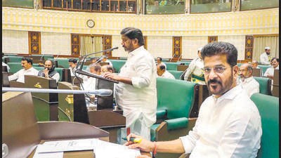 Telangana chief minister A Revanth Reddy looks on as deputy chief minister and finance minister Mallu Bhatti Vikramarka presents the budget in the state assembly, in Hyderabad on Saturday. (PTI)