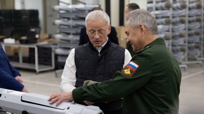 Russian Defence Minister Sergei Shoigu inspects the production of unmanned aerial vehicles (UAV)  at a military plant in the Udmurt Republic, Russia. (Reuters)