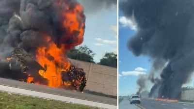 At least two people died after a small plane crashed on a Florida highway before bursting into flames (@mariaducato/X, @B_Walker97/X) At least two people died after a small plane crashed on a Florida highway before bursting into flames (@mariaducato/X, @B_Walker97/X)