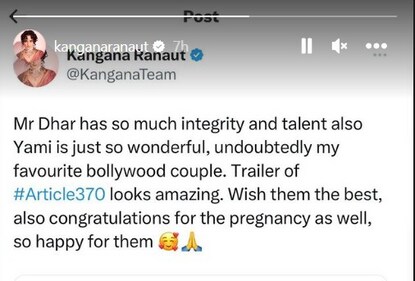 Kangana Ranaut praises Yami Gautam and Aditya Dhar, calls them her favourite Bollywood couple.
