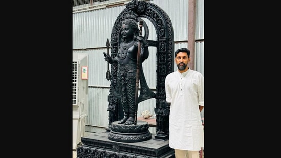 Arun Yogiraj shared this picture with the Ram Lalla idol before the Pran Pratishtha event that took place on January 22 in Ayodhya. (Instagram/@arun_yogiraj)