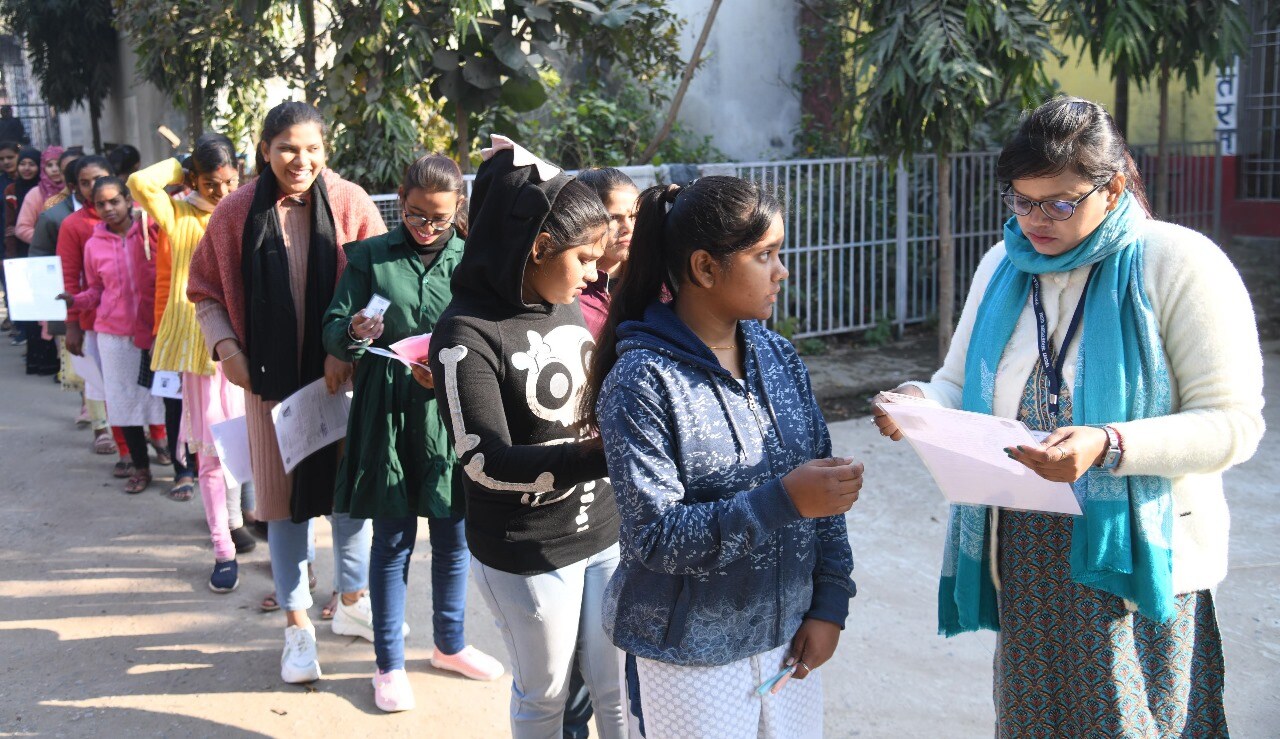 Students standing in queue to appear in the Bihar Board class 12th examination at D.D. Nandan Kanya High School Danapur in Patna (Santosh Kumar )