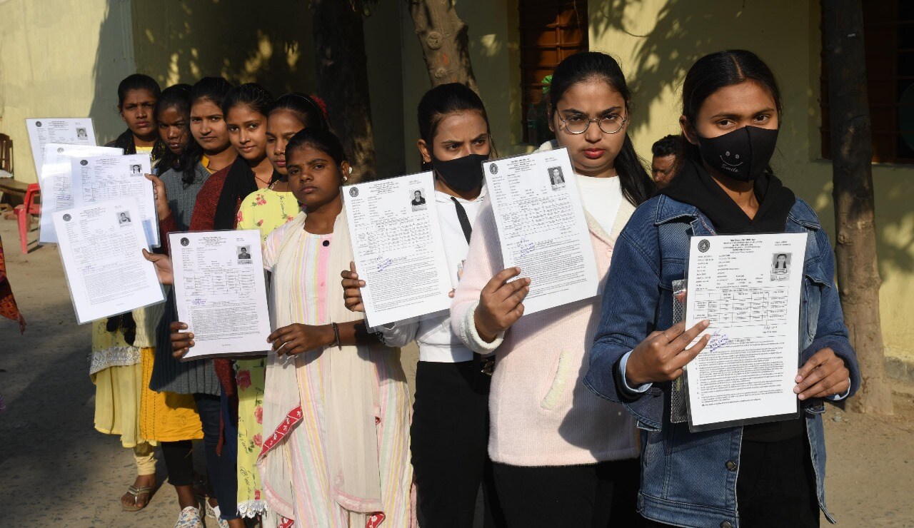 Students standing in queue to appear in the Bihar Board class 12th examination at D.D. Nandan Kanya High School Danapur in Patna  (Santosh Kumar )