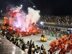 Revellers from Imperio de Casa Verde school perform during the second night of the Carnival parade at Anhembi Sambadrome in Sao Paulo, Brazil.