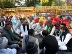 Farmers of Bharatiya Kisan Parishad (BKP) during protest outside the Noida authority office on Friday. (Sunil Ghosh/HTPhoto)