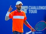 India's Sumit Nagal celebrates after winning the final match at the ATP Challenger Chennai Open 2024 tennis tournament, in Chennai