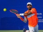 India's Sumit Nagal returns to Czech Republic's Dalibor Svrcina during the singles semi-final match at the ATP Challenger India's Sumit Nagal returns to Czech Republic's Dalibor Svrcina during the singles semi-final match at the ATP Challenger