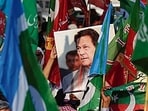 Supporters of Imran Khan’s PTI in Karachi on Saturday. (REUTERS)