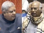 Rajya Sabha chairman Jagdeep Dhankhar, leader of Opposition Mallikarjun Kharge and RLD MP Jayant Singh. Rajya Sabha chairman Jagdeep Dhankhar, leader of Opposition Mallikarjun Kharge and RLD MP Jayant Singh.