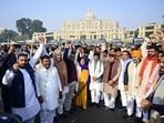 Uttar Pradesh legislators ahead of their visit to Ayodhya.