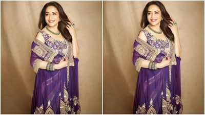 Mdhuri's outfit is straight from the shelves of ace fashion designer Anamika Khanna, while her look was styled by celebrity fashion stylist Mohit Rai. She accessorised her look with a luxurious gold necklace, traditional stacked bangles adorning her wrist, a pair of stud earrings and green emerald rings perfectly complementing her glam look. (Instagram/@madhuridixitnene) Mdhuri's outfit is straight from the shelves of ace fashion designer Anamika Khanna, while her look was styled by celebrity fashion stylist Mohit Rai. She accessorised her look with a luxurious gold necklace, traditional stacked bangles adorning her wrist, a pair of stud earrings and green emerald rings perfectly complementing her glam look. (Instagram/@madhuridixitnene)