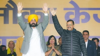 AAP national convener Arvind Kejriwal with Punjab CM Bhagwant Mann. AAP national convener Arvind Kejriwal with Punjab CM Bhagwant Mann.