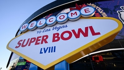A Welcome To Las Vegas Super Bowl LVIII sign stands outside of Allegiant Stadium at sunrise ahead of Super Bowl LVIII in Las Vegas, Nevada, on February 11, 2024. (Photo by Patrick T. Fallon / AFP) (AFP) A Welcome To Las Vegas Super Bowl LVIII sign stands outside of Allegiant Stadium at sunrise ahead of Super Bowl LVIII in Las Vegas, Nevada, on February 11, 2024. (Photo by Patrick T. Fallon / AFP) (AFP)