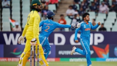 Saumy Pandey's (R) solitary wicket in the match made him India's highest-ever wicket-taker (18) in a single U19 World Cup edition as he surpassed Ravi Bishnoi, who had picked 17 wickets in 2020.&nbsp; (AFP)