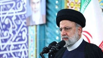 Iranian President Ebrahim Raisi during his speech in city of Minab, southern Iran. (AFP)
