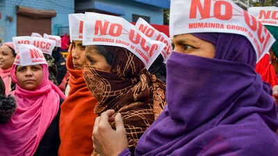 Dehradun: Members of Uttarakhand Numainda Group protest against the Uniform Civil Code (UCC) bill during a special session of Uttarakhand Legislative Assembly, in Dehradun, Monday, Feb. 5, 2024. (PTI) Dehradun: Members of Uttarakhand Numainda Group protest against the Uniform Civil Code (UCC) bill during a special session of Uttarakhand Legislative Assembly, in Dehradun, Monday, Feb. 5, 2024. (PTI)