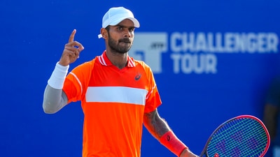 India's Sumit Nagal celebrates after winning the final match at the ATP Challenger Chennai Open 2024 tennis tournament, in Chennai (PTI)