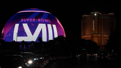 An image for Super Bowl 58 is displayed on the Sphere, Saturday, Feb. 10, 2024, in Las Vegas. The Kansas City Chiefs will play the NFL football game against the San Francisco 49ers in the Super Bowl on Sunday. (AP Photo/Gregory Bull) (AP)